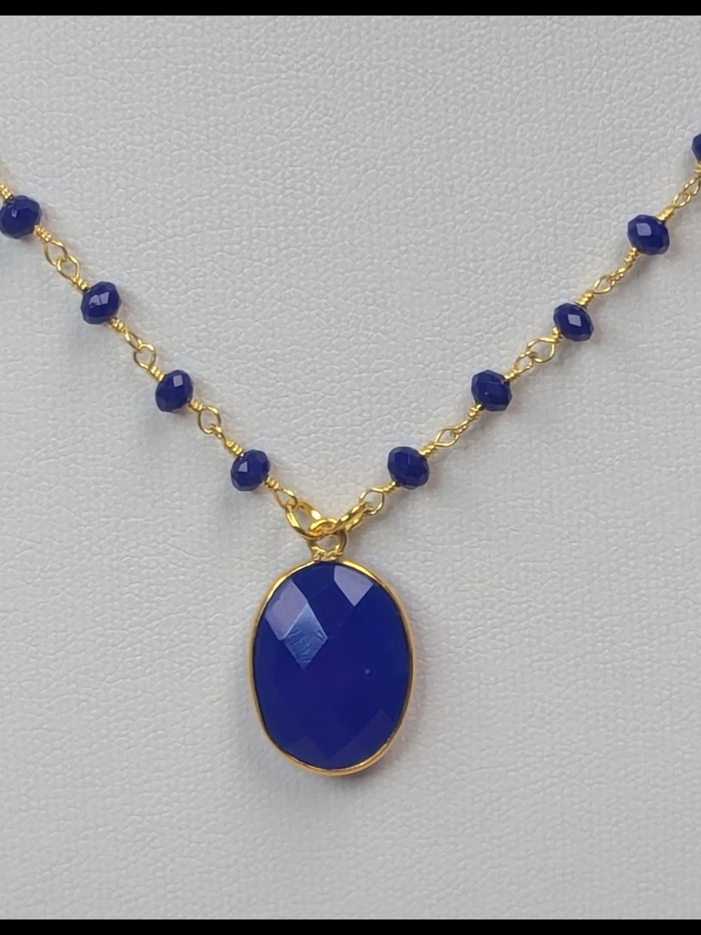 Blue Chalcedony Pendant Necklace | Sapphire Beaded Chain | 24K Gold Plated - Picture 4 of 4